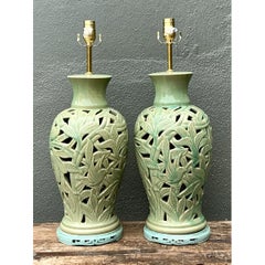 Vintage Cutout Green Ceramic Table Lamps - Pair