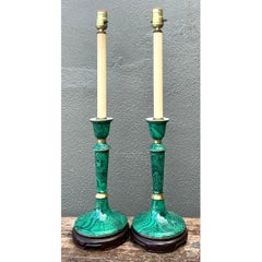 Vintage Green Lacquered Candlestick Table Lamps - Pair