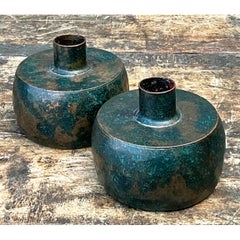 Vintage Patinated Metal Vases - Pair