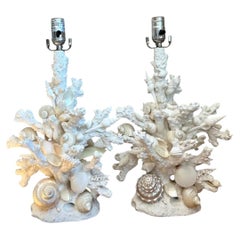 Vintage Shell Encrusted Faux Coral Table Lamps - Pair