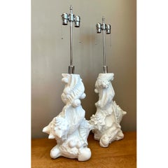 Vintage White Plaster Shell Table Lamps - Pair