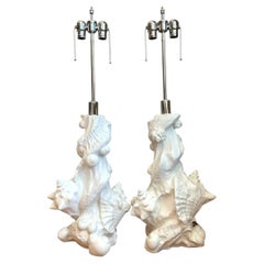 Vintage White Plaster Shell Table Lamps - Pair