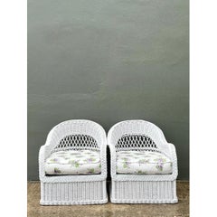 Vintage Lexington Braided White Rattan Lounge Chairs - A Pair