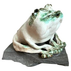 Vintage Ceramic Frog Sculpture on Stone Base