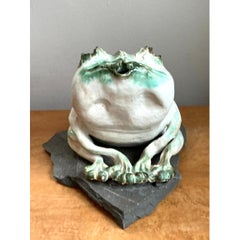 Vintage Ceramic Frog Sculpture on Stone Base