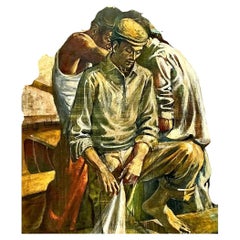 Vintage Canvas Painting of Men at Work