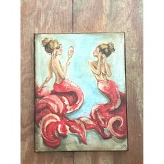 Vintage Oil Painting of Mermaids with Hand Mirrors