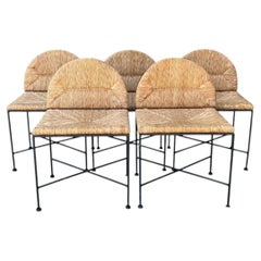 Vintage Woven Rush and Metal Dining Chairs - Set of 5