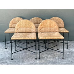 Vintage Woven Rush and Metal Dining Chairs - Set of 5
