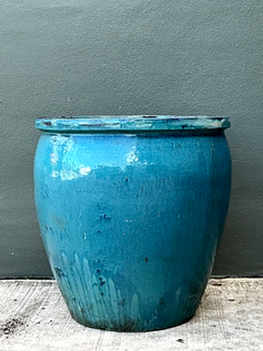 Vintage Blue Glazed Ceramic Planter