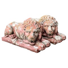 Figuras vintage de leones de jardín de cemento moldeado - Par