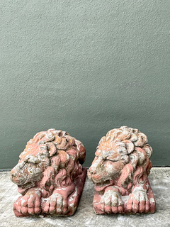 Figuras vintage de leones de jardín de cemento moldeado - Par
