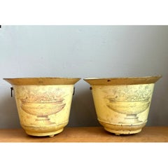 Vintage Distressed French Toile Metal Cache Pot - A Pair