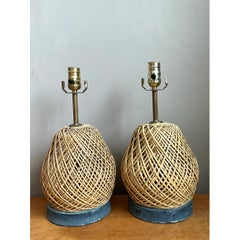 Vintage Rattan and Verdigris Metal Table Lamps - Pair
