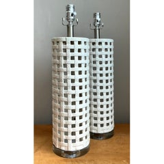 Vintage Lattice Ceramic and Chrome Lamps - Pair