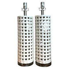 Vintage Lattice Ceramic and Chrome Lamps - Pair