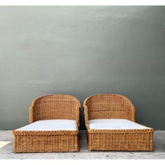 Vintage Braided Rattan Chaise Lounges - Pair