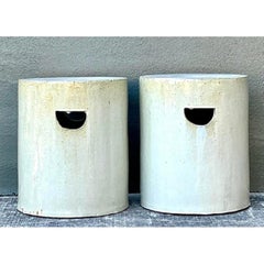 Vintage White Ceramic Low Stools - Pair