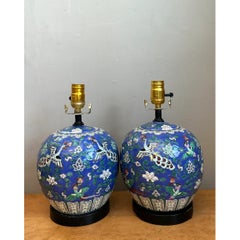 Vintage Floral Ceramic Table Lamps - Pair