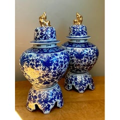 Vintage Blue and White Ceramic Lidded Jars - Pair