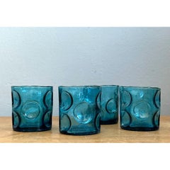 Vintage Blue Embossed Glass Shot Glasses - Set of 4