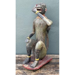 Vintage Painted Wood Monkey Sculpture