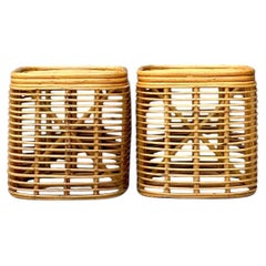 Vintage Woven Rattan Side Tables - Pair