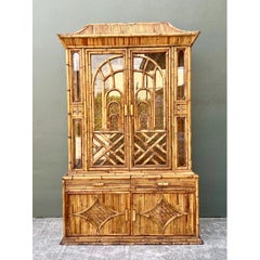 Vintage Chinoiserie Pagoda Rattan China Cabinet