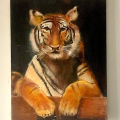 Late 20th Century Vintage Painting of Regal Tiger on Canvas, Signed