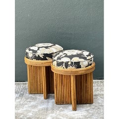 Vintage Schumacher Pencil Reed Upholstered Stools - Pair