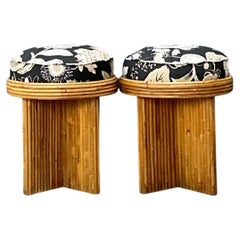 Vintage Schumacher Pencil Reed Upholstered Stools - Pair