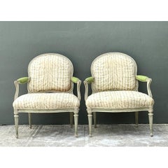 Vintage Louis XVI Style Printed Swag Armchairs - Pair