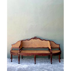 Vintage Carved Wood and Cane Settee