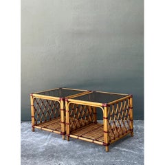 Vintage Trellis Rattan and Glass Side Tables - Pair