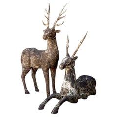 Vintage Carved Wood Deer Sculptures - Pair