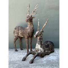 Vintage Carved Wood Deer Sculptures - Pair