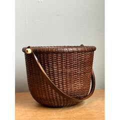 Vintage Woven Rattan Nantucket Basket with Handle