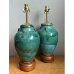 Vintage Green Glazed Ceramic Table Lamps - Pair