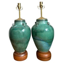 Vintage Green Glazed Ceramic Table Lamps - Pair