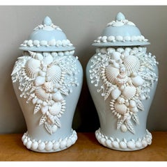 Vintage Shell Encrusted Lidded Ceramic Urns - Pair