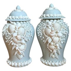 Vintage Shell Encrusted Lidded Ceramic Urns - Pair