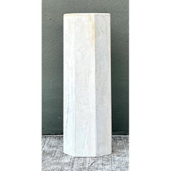 Vintage Medium White Marble Hexagonal Pedestal