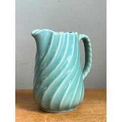 Brocca vintage in ceramica con motivo a spirale color acquamarina