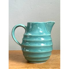 Brocca vintage in ceramica a coste color acquamarina