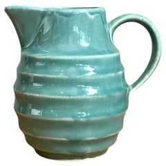 Brocca vintage in ceramica a coste color acquamarina