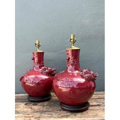 Vintage Red Ceramic Dragon Lamps - Pair