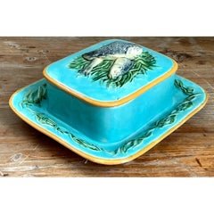 George Jones Majolica Ceramic Covered Dish With Fish Motif
