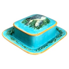 George Jones Majolica Ceramic Covered Dish With Fish Motif