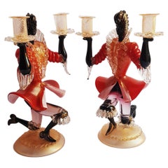 Antique Murano Glass Candle Holder Sculptures with Gold Leaf by Barovier and Tos