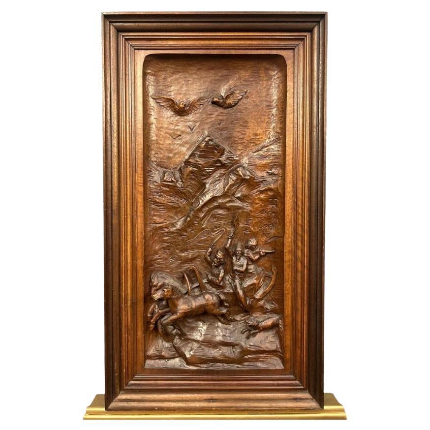 Black Forest geschnitzt Pferd Relief Panel Deutsch Jagd Szene 1880